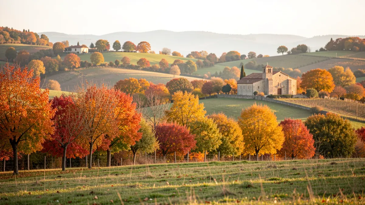 Paisatge rural català d'autumne amb església al fons.
