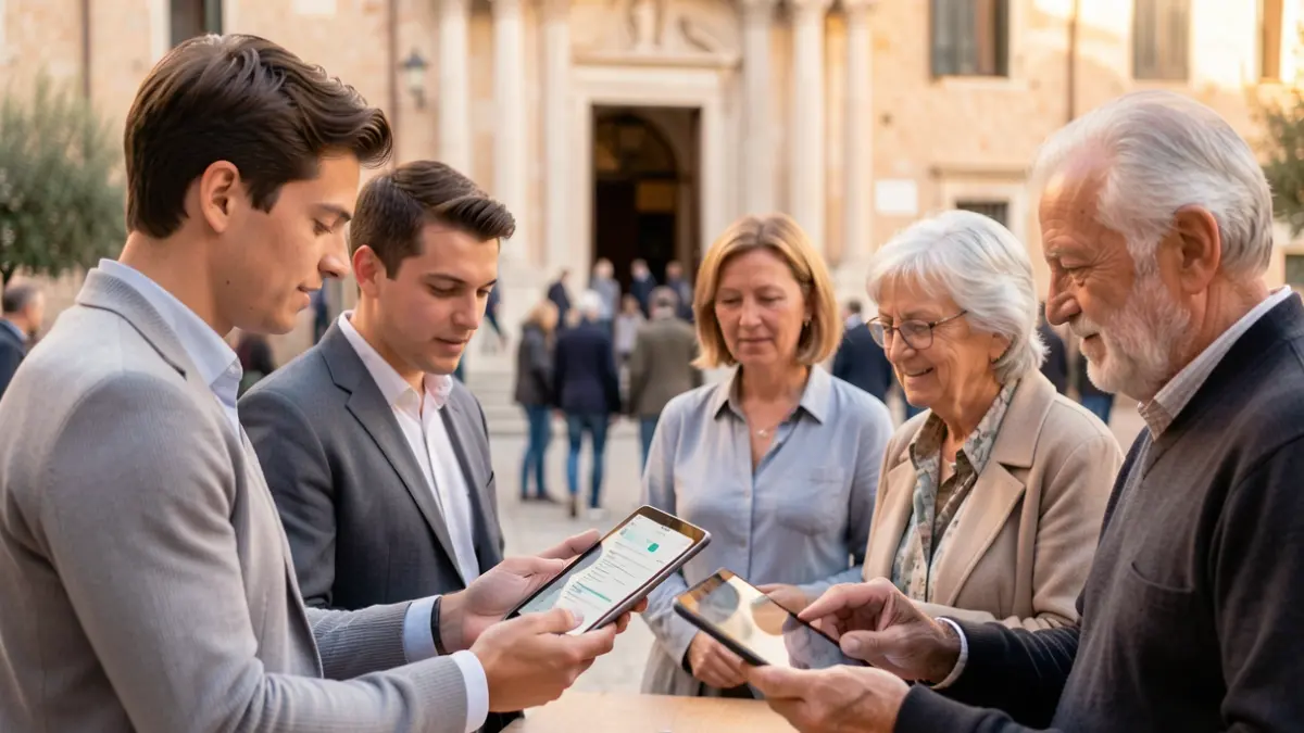 Imagen genérica de ciudadanos participando en una encuesta sobre un dispositivo electrónico, con un ayuntamiento al fondo.
