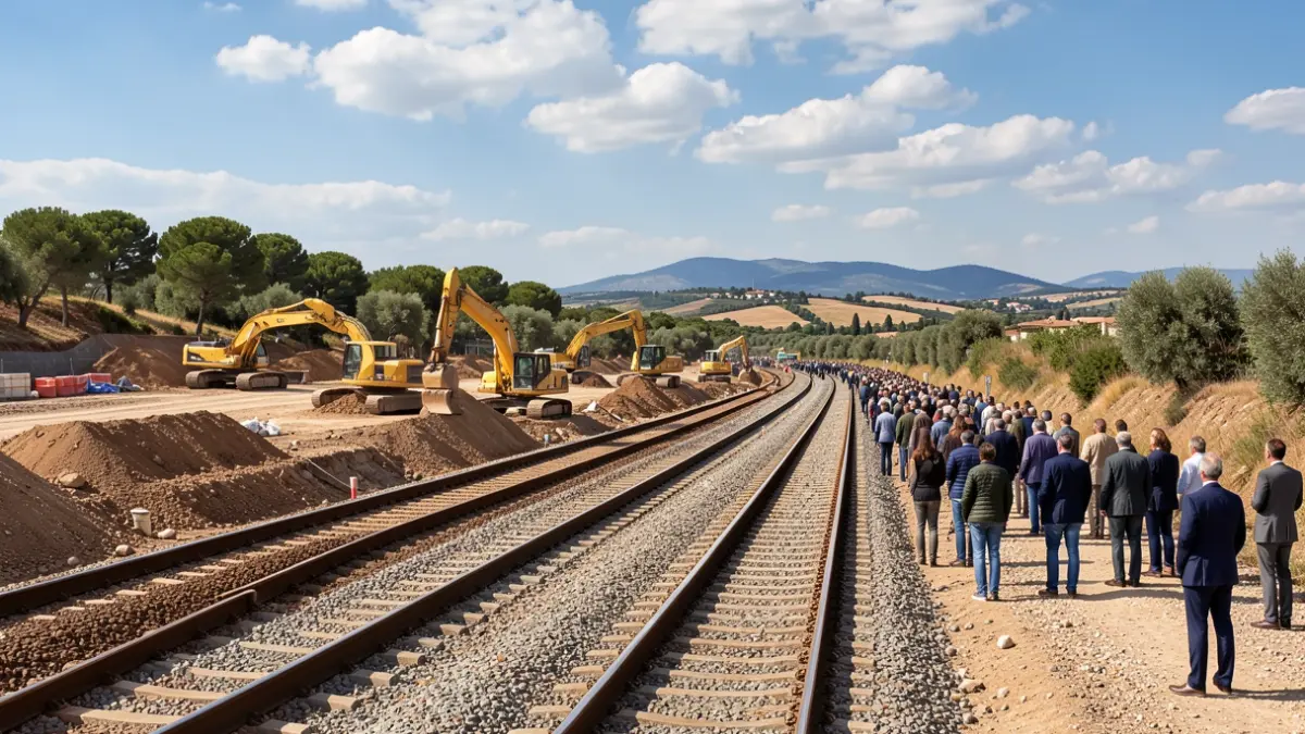 Imatge genèrica d'obres ferroviàries amb maquinària pesant i moviment de terres en un paisatge mediterrani.