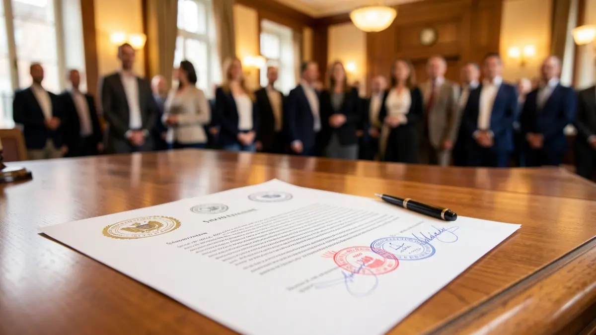 Generic image of an official document with seals and a pen on a desk.