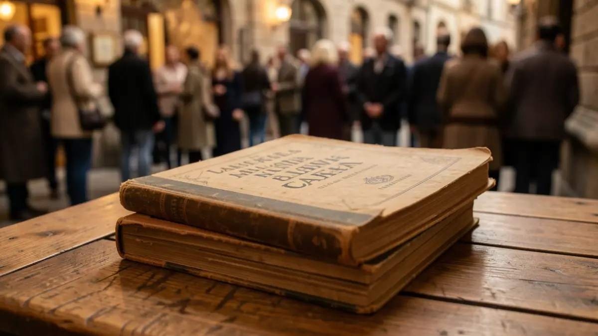 Imatge genèrica de llibres antics i un llibre de català sobre una taula de fusta.