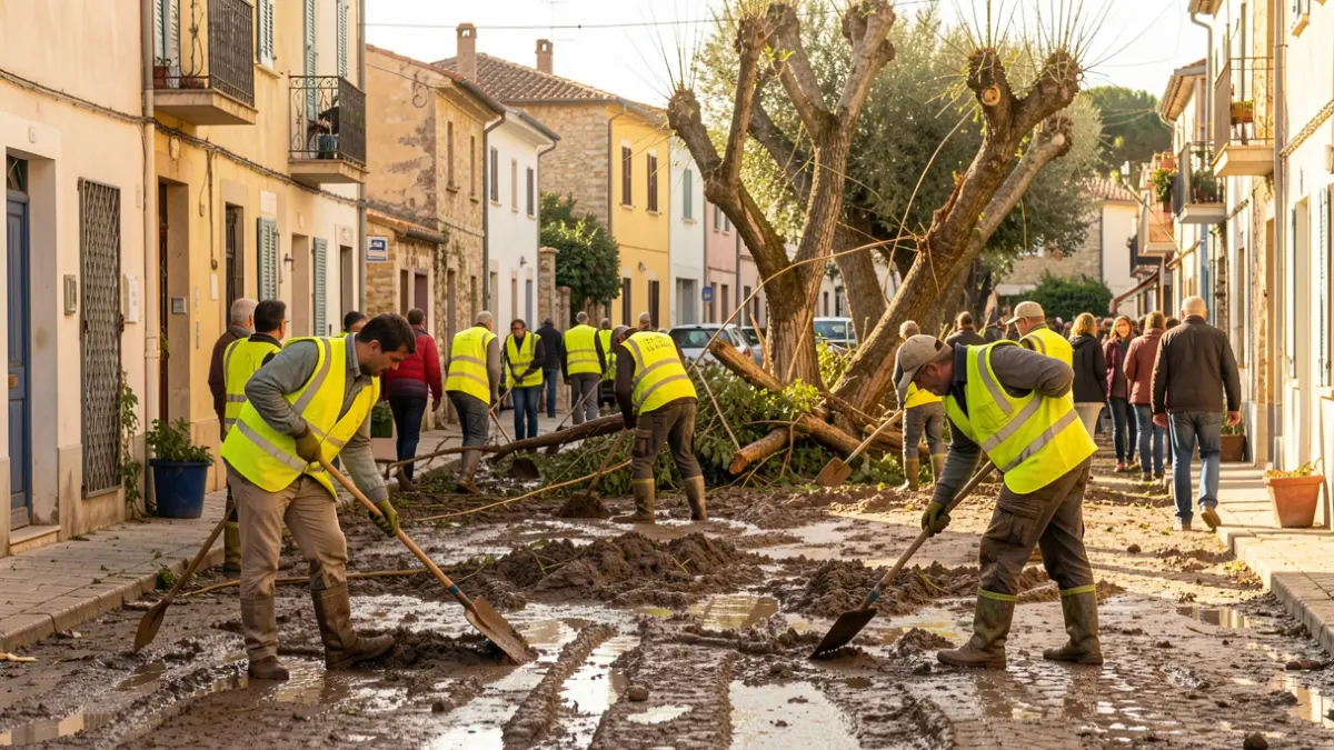 Voluntarios limpiando el barro de las calles tras las inundaciones.