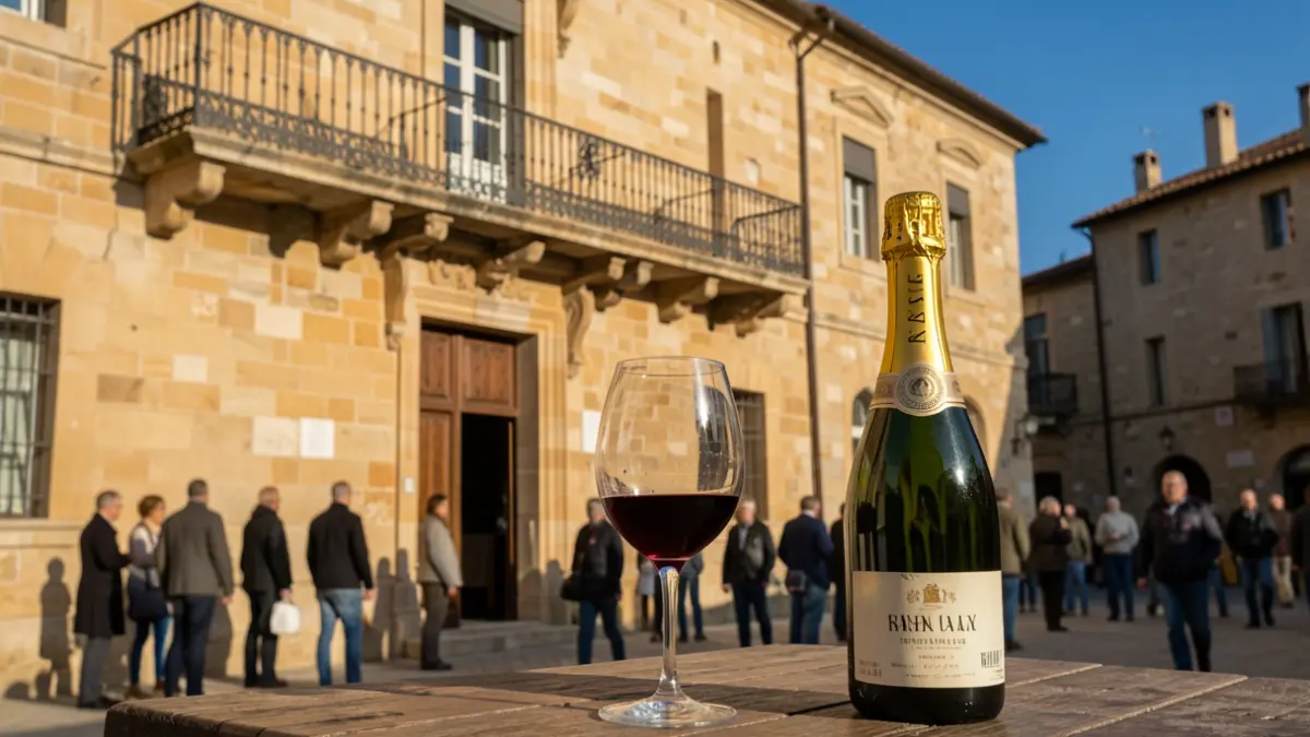 Imatge genèrica d'una plaça de poble amb un ajuntament i una taula amb vi i cava.