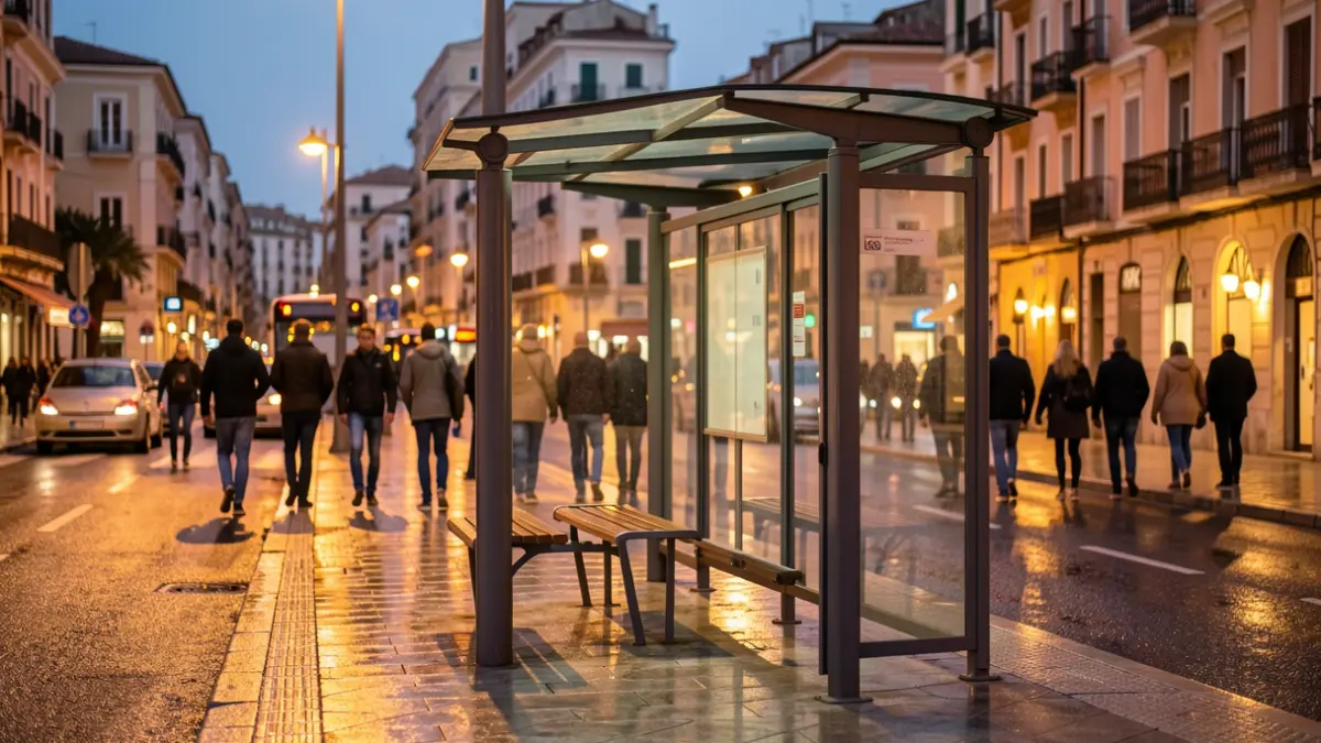 Urban bus stop with evening lighting.