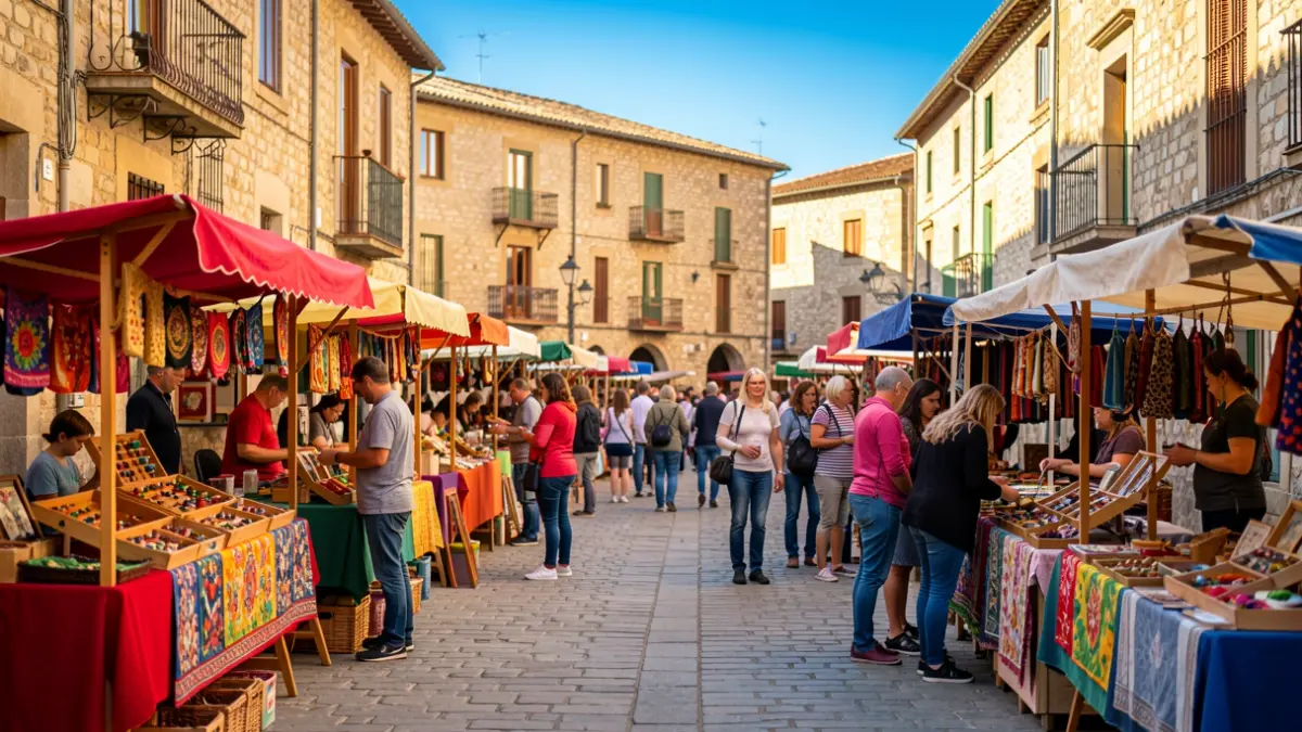 Generic image of a street fair in Catalonia with stalls and people.