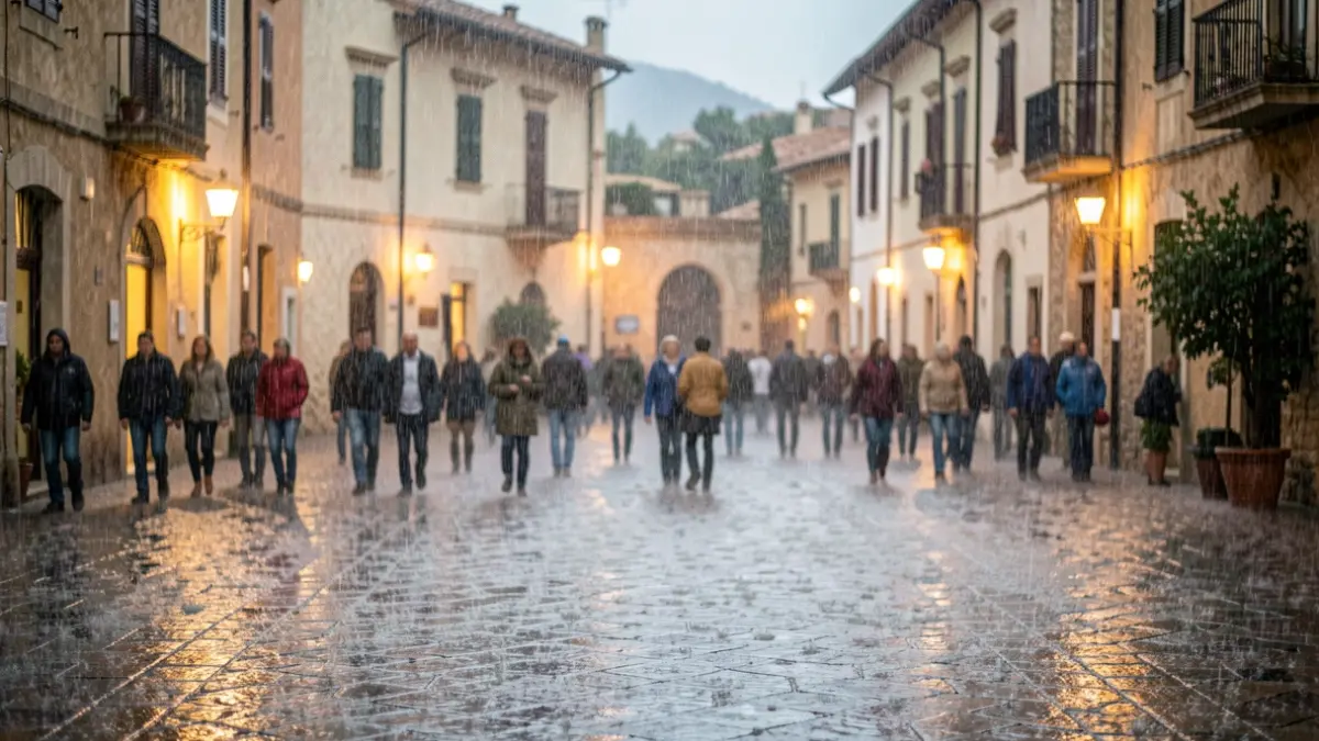 Imatge genèrica de pluja intensa en una plaça mediterrània.