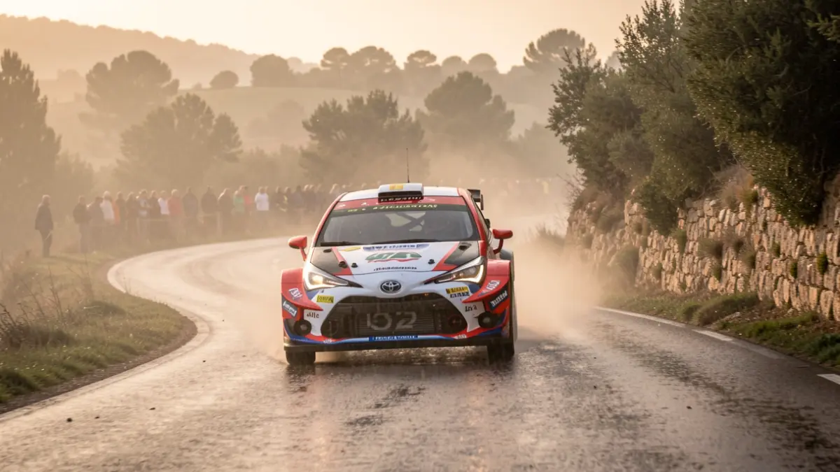 A rally car drives on a wet and foggy road in Catalunya.