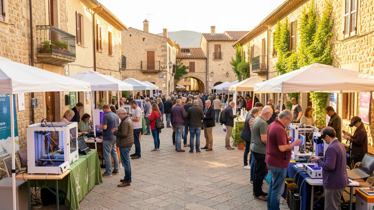 Imagen genérica de una feria de tecnología y sostenibilidad en una plaza de pueblo mediterráneo.