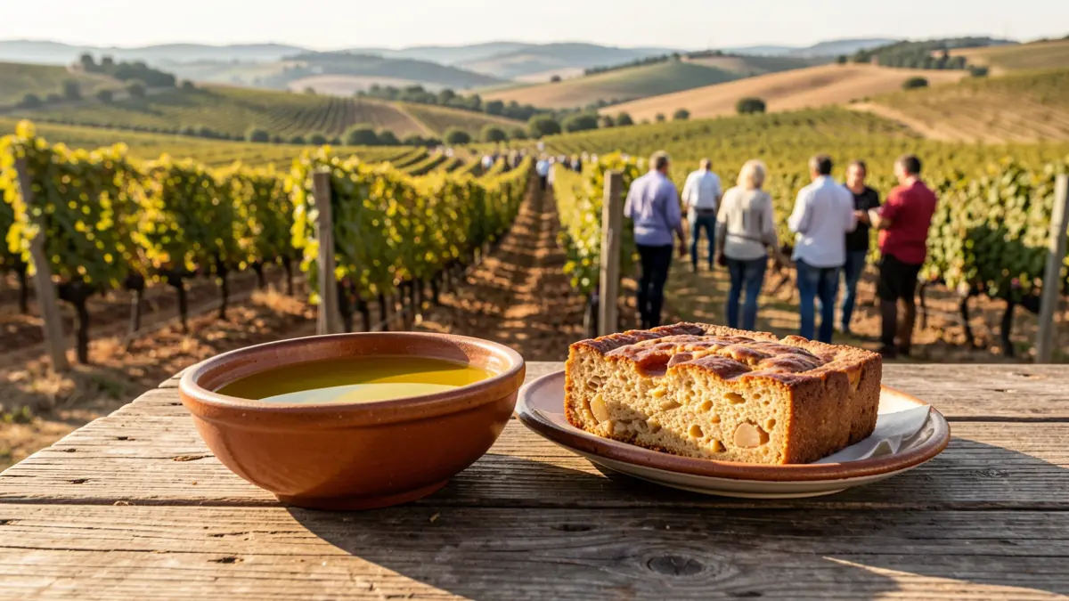 Imatge genèrica d'una taula amb oli i un plat tradicional en un entorn rural.
