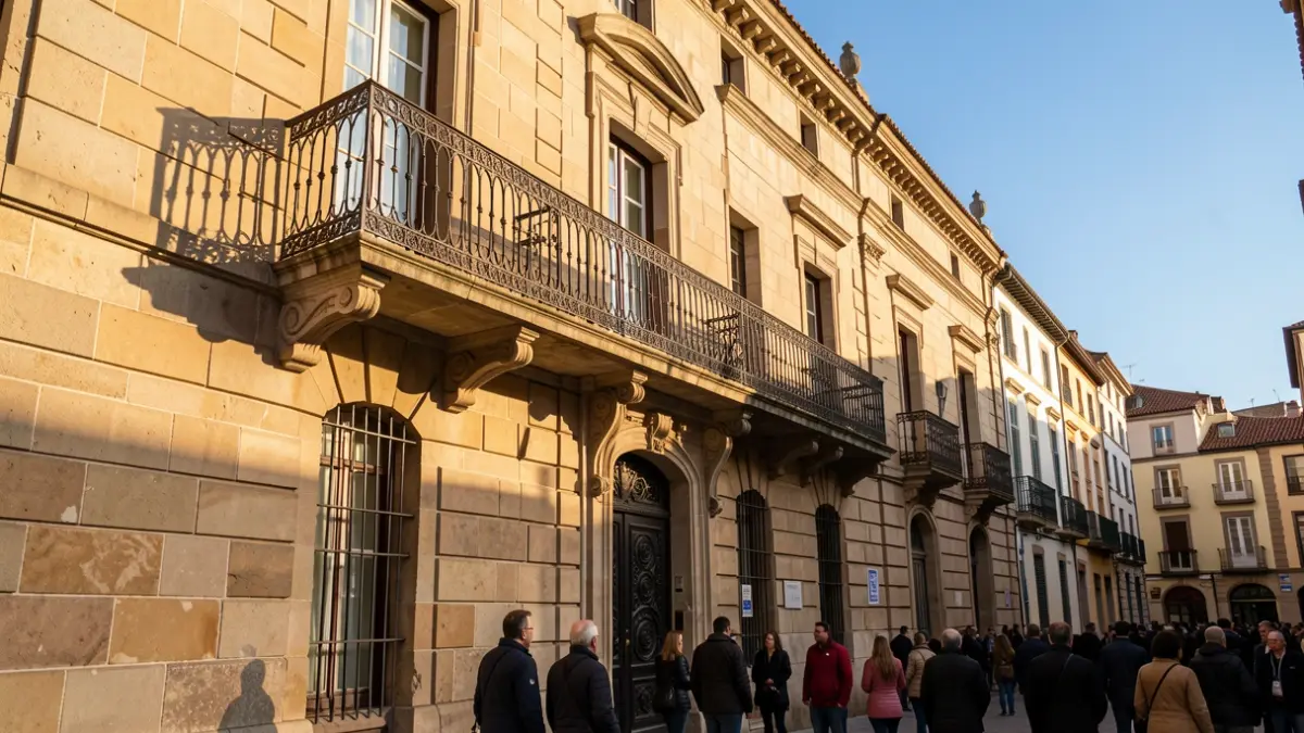 Imagen genérica de una fachada de ayuntamiento de piedra con balcón y barandillas de hierro, luz cálida de tarde y cielo azul.