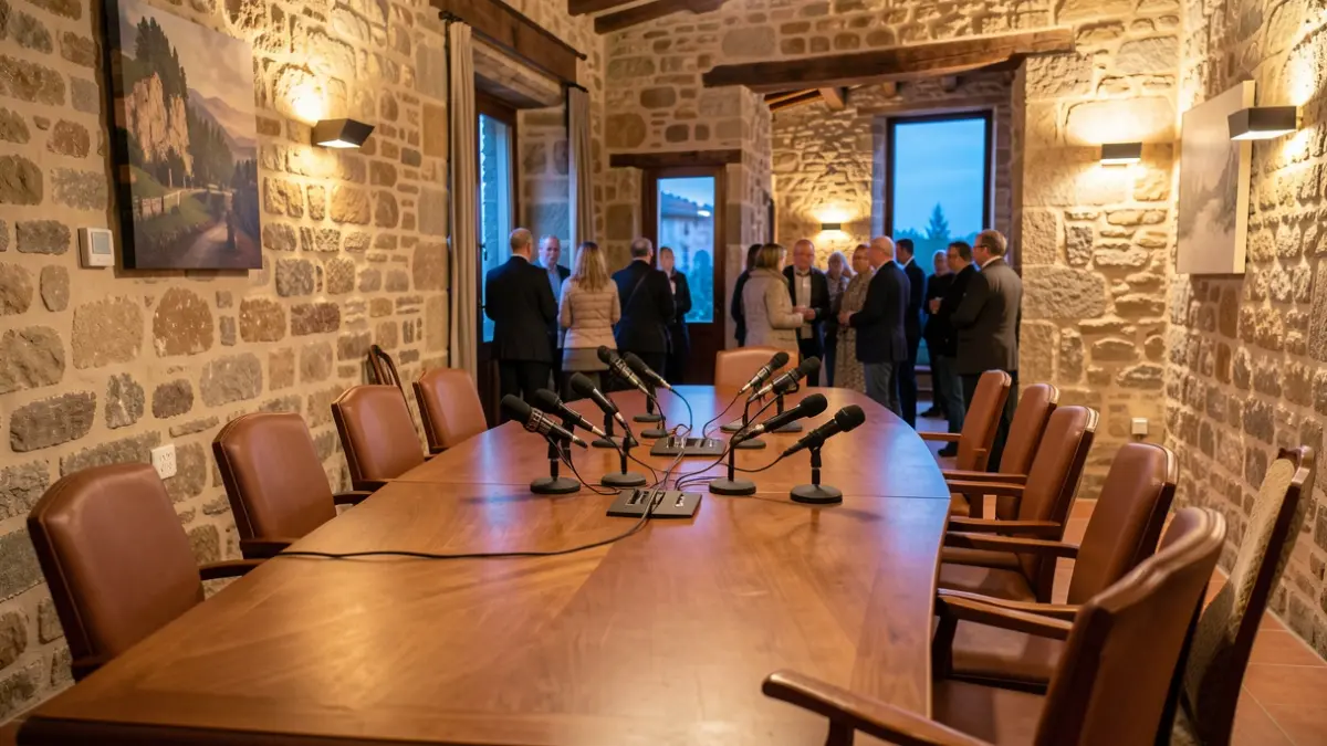 Imagen genérica de una sala de reuniones con mesa y micrófonos.