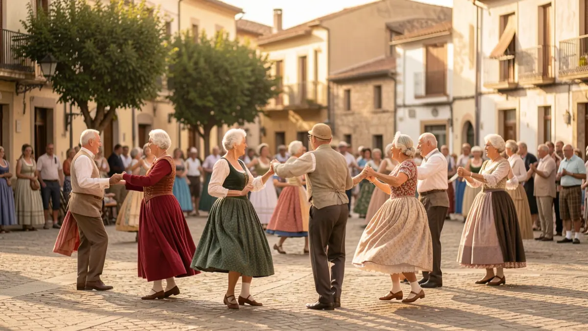 Imatge genèrica de persones grans ballant sardanes en una plaça solejada.