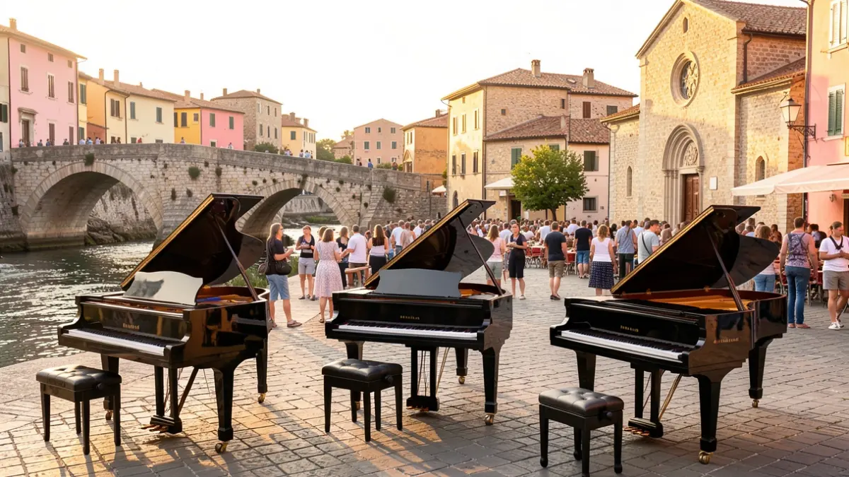Imagen genérica de tres pianos de cola instalados en espacios públicos de pueblos mediterráneos, con gente interactuando con los instrumentos bajo la luz del sol.