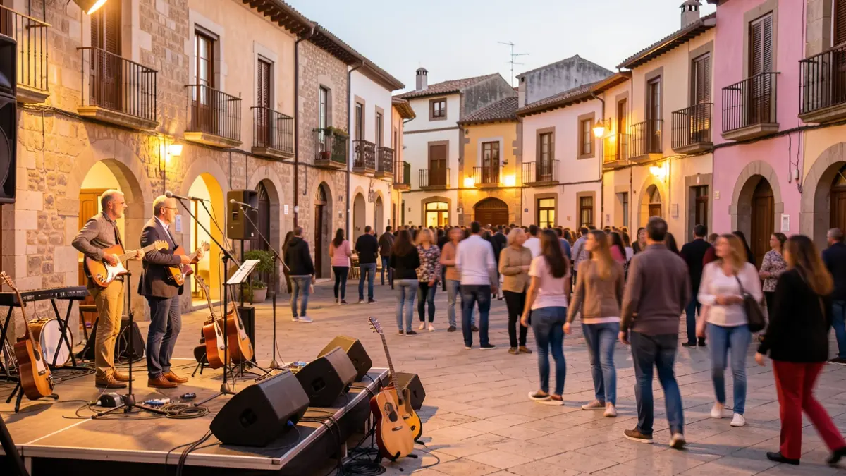 Escena de un festival de poesía y música en Gironella con micrófonos, instrumentos y público.