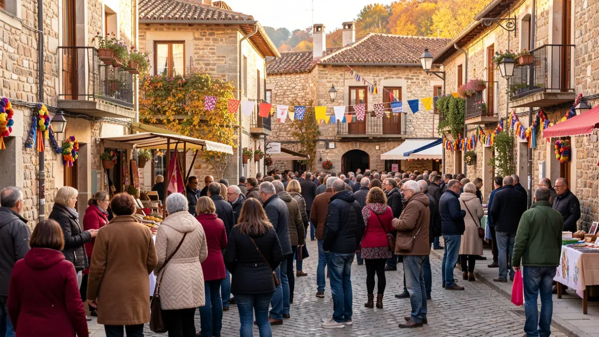 Generic image of a town's main festival in Catalonia during autumn, with people and decorations.