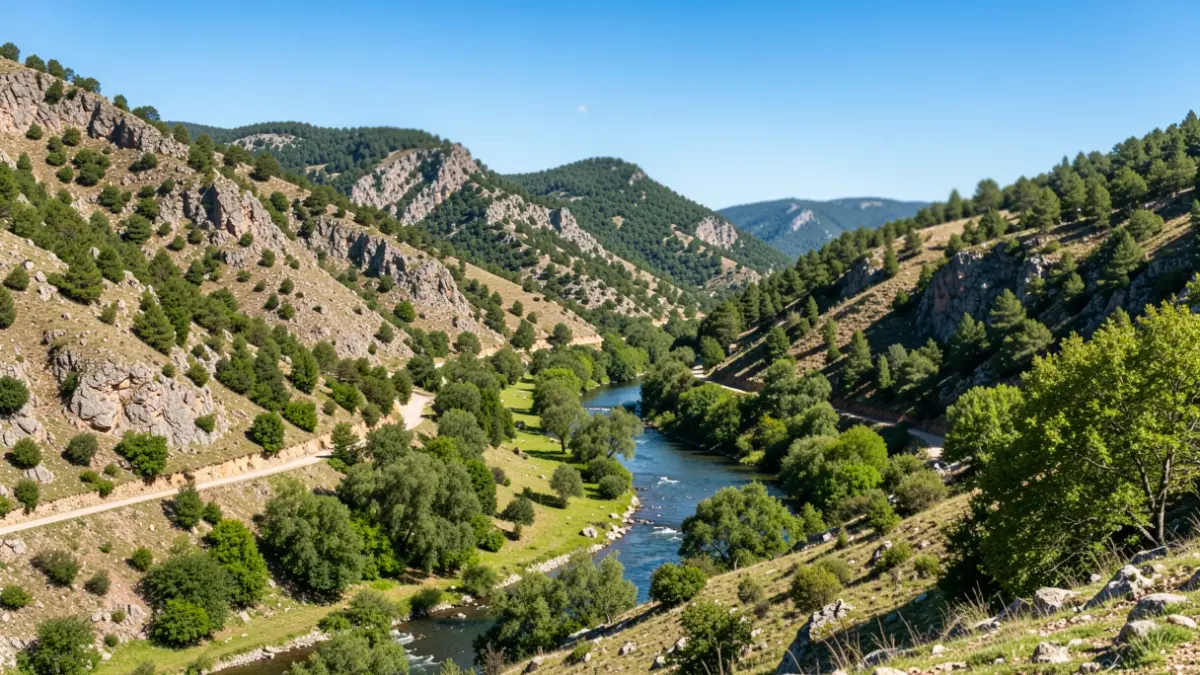 Generic image of a protected natural landscape in Catalunya with hills and a river.
