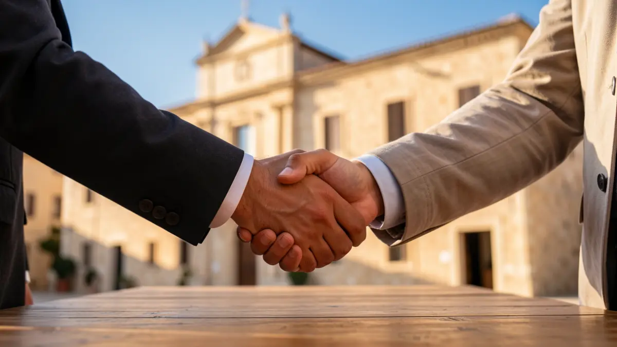 Generic image of two hands shaking in front of a Mediterranean town hall facade.