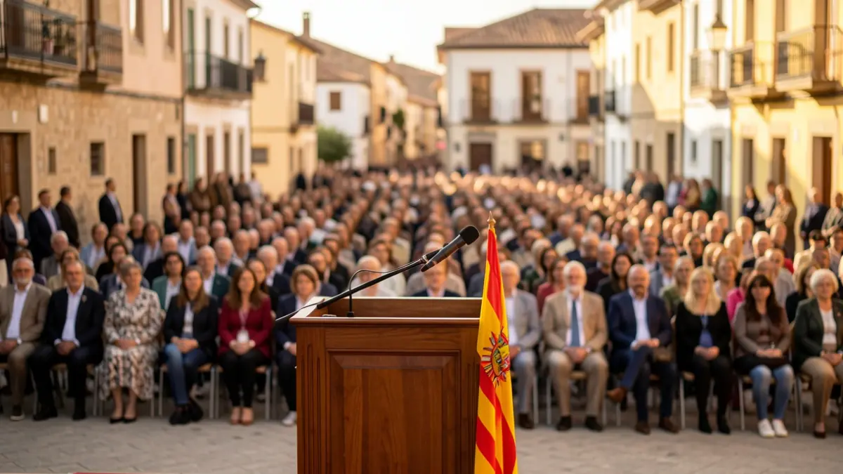 Generic image of an outdoor institutional event with a podium and a crowd in the background.