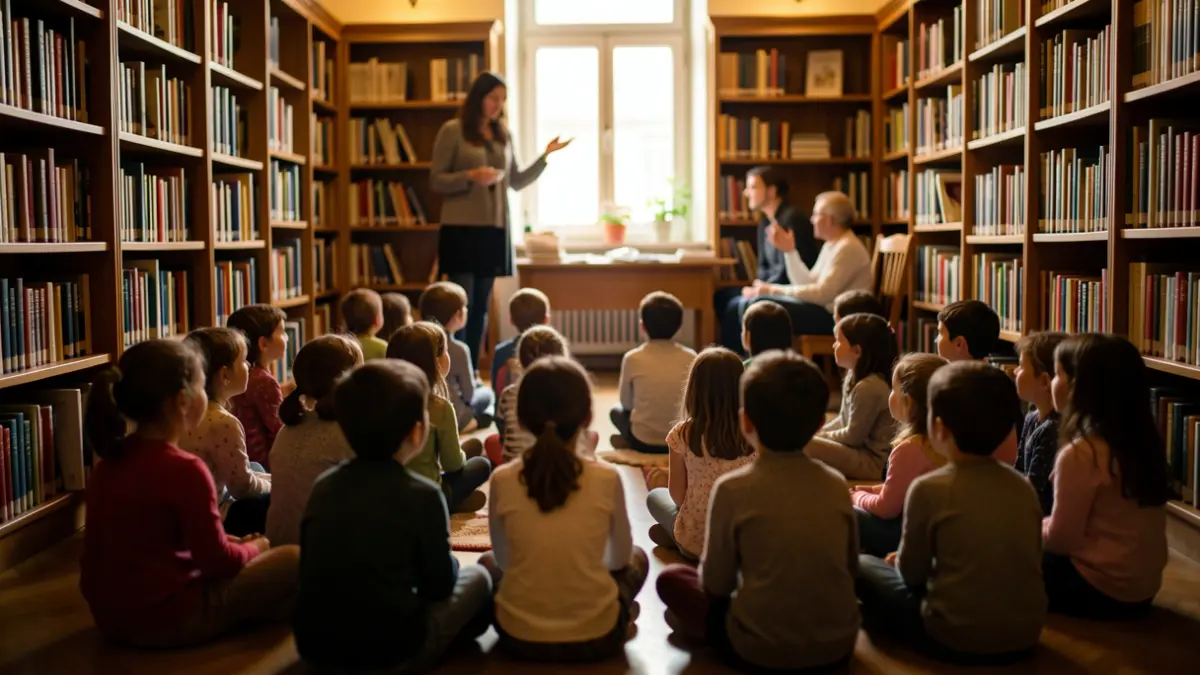 Imatge genèrica d'un grup de nens escoltant un narrador en una biblioteca.