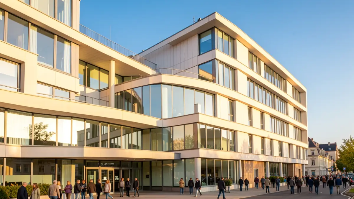 Fachada de un hospital moderno bajo luz solar de tarde.
