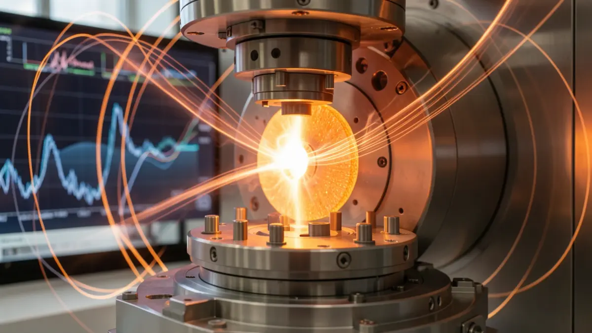 Imatge genèrica d'una cambra de sputtering amb plasma brillant, representant la investigació en ciència de materials.