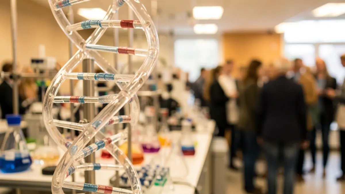 Generic image of a DNA double helix in close-up, with a blurred background of laboratory equipment and warm lighting.