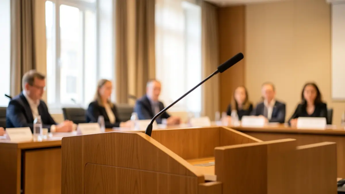 Imatge genèrica d'una sala de conferències amb un faristol i micròfons.