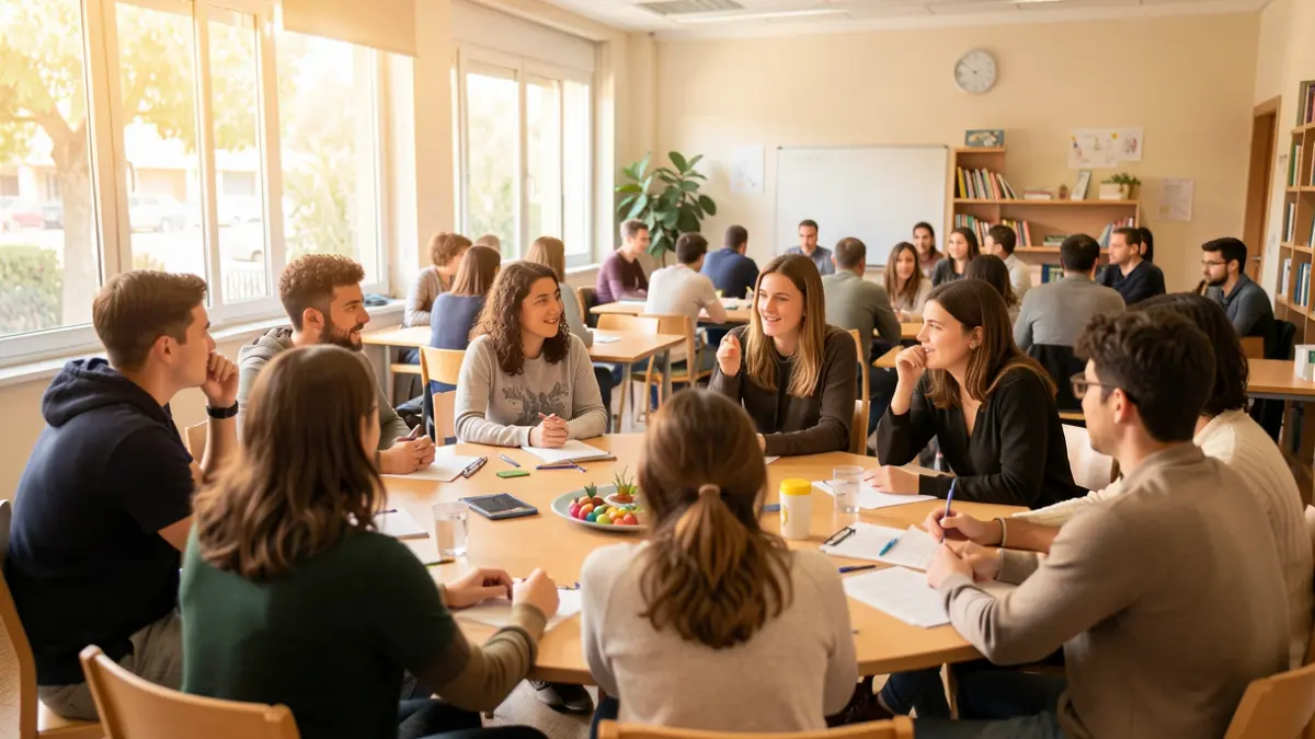 Imagen genérica de jóvenes y adultos participando en una sesión sobre bienestar emocional en un entorno educativo.