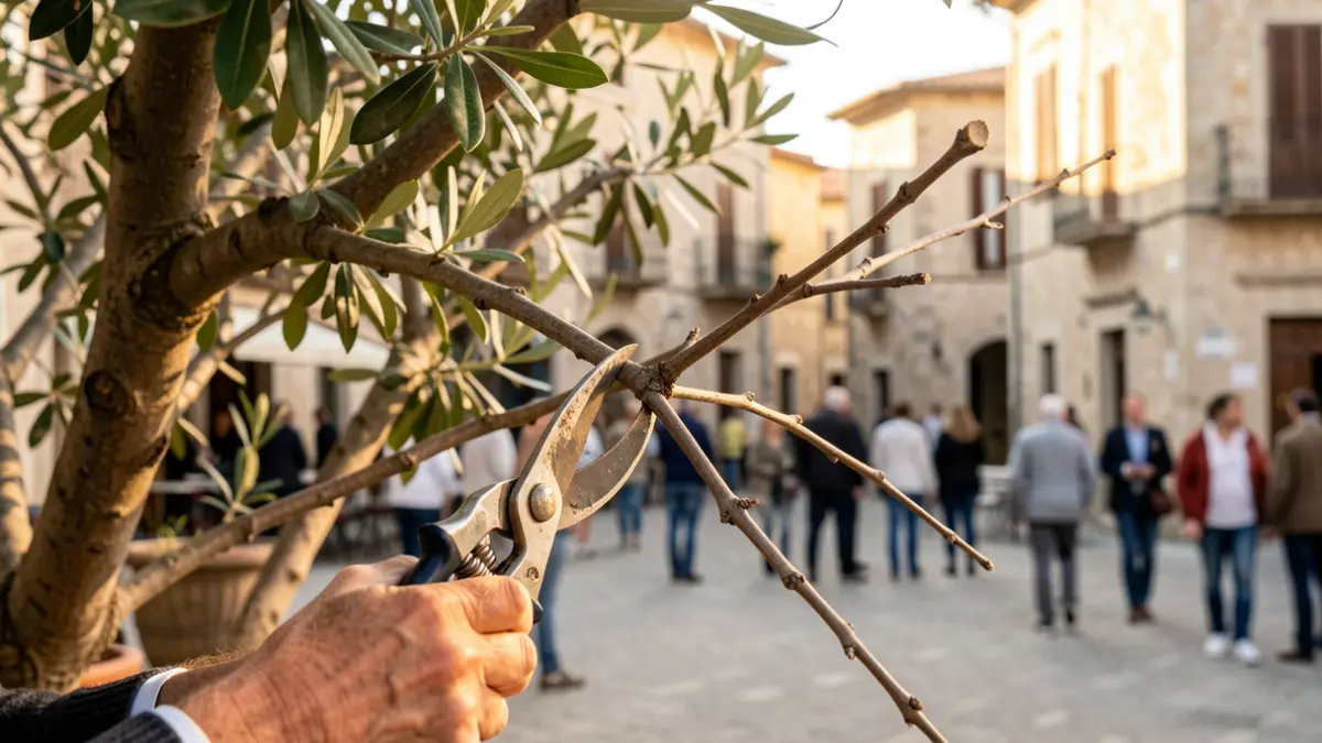 Pruning shears cutting a tree branch in a Mediterranean urban setting.