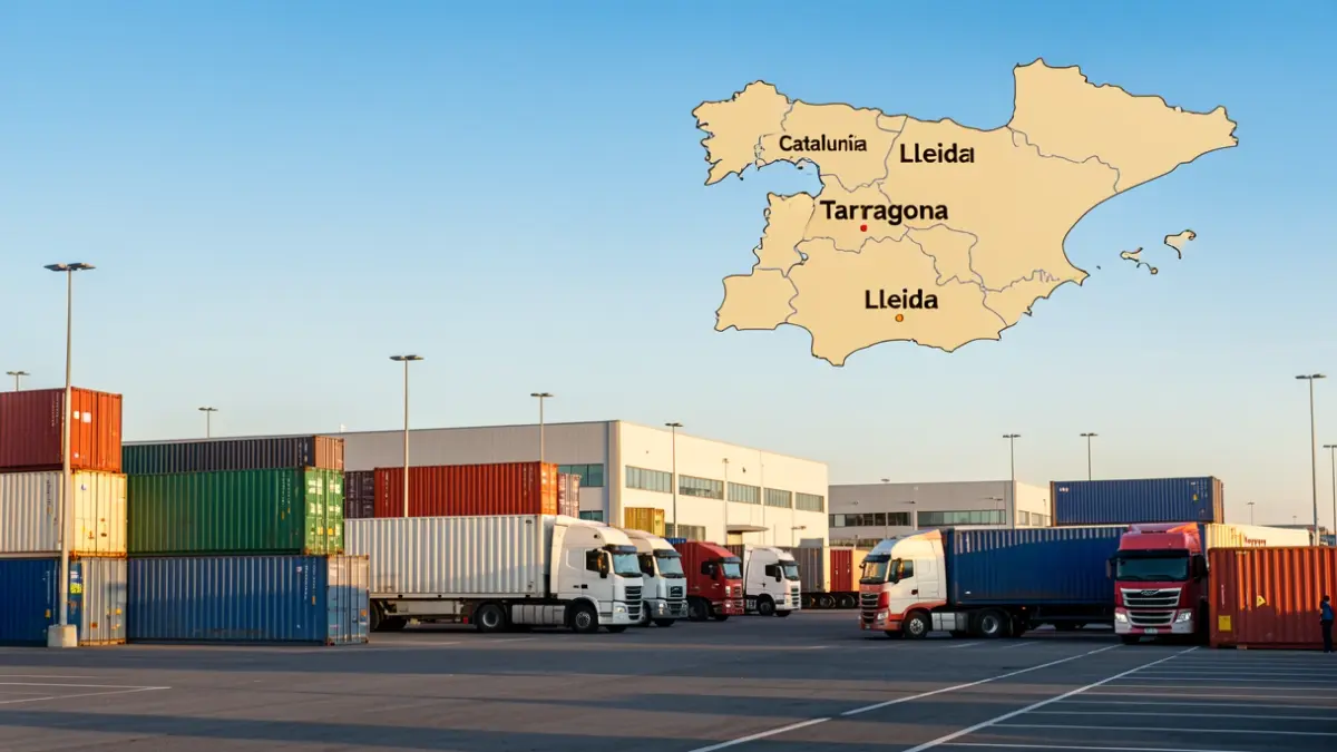 Imatge genèrica d'un centre logístic amb contenidors i camions.