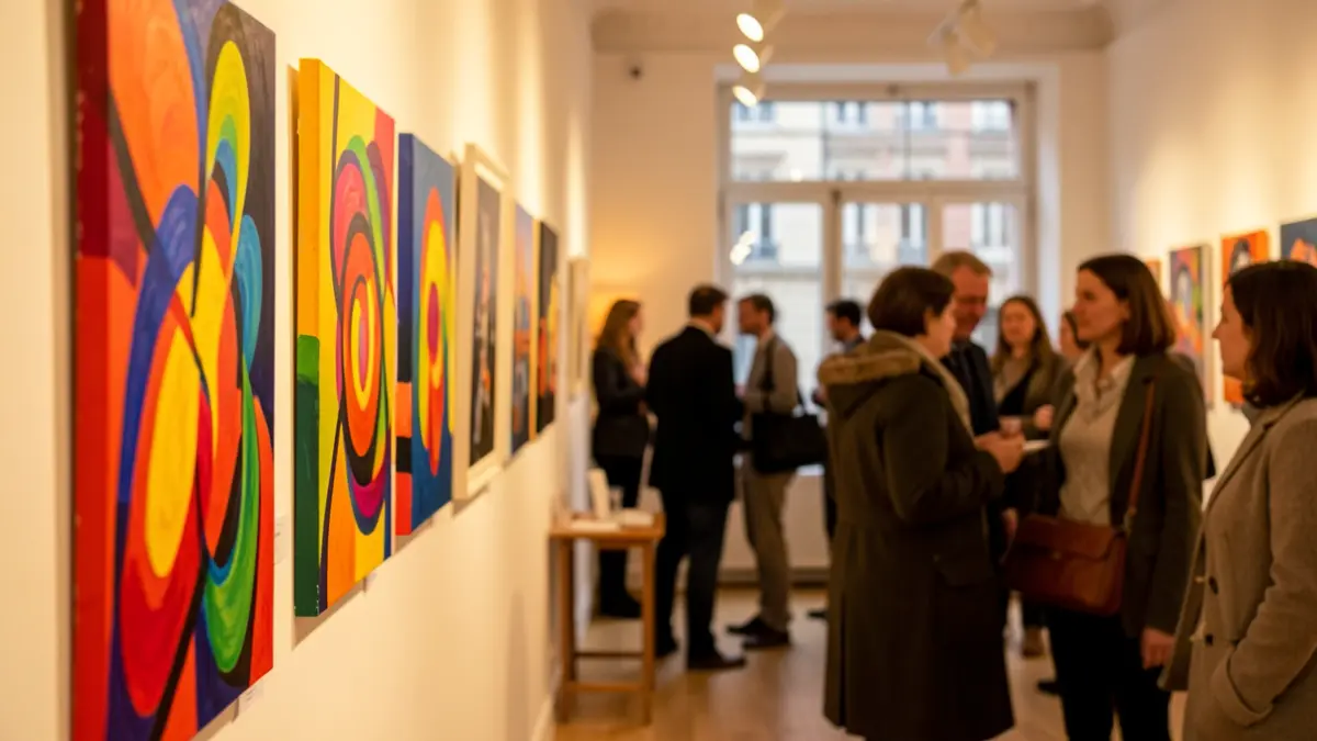 Generic image of abstract artworks displayed in a gallery, with people in the background.