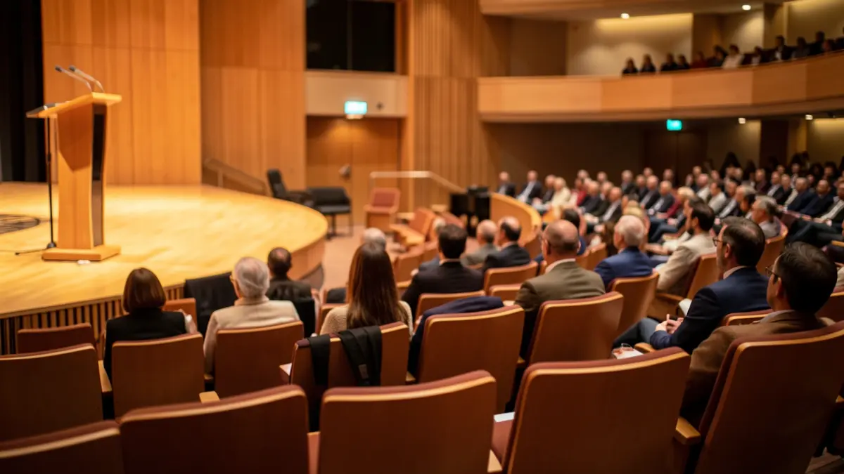 Imatge genèrica d'un auditori buit amb un faristol a l'escenari.