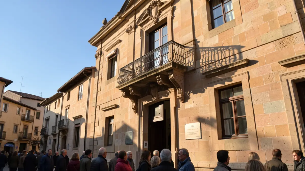 Stone facade of a Catalan town hall with a balcony and iron railings, warm afternoon light.