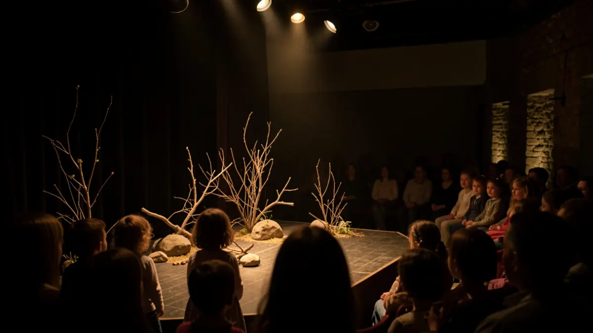 Escenario teatral íntimo con luces cálidas y elementos naturales.
