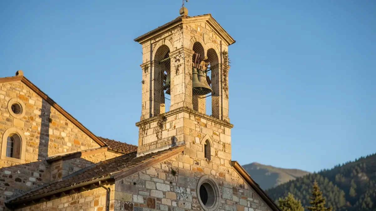 Campanar de l'església de Sant Fèlix de Vilac amb signes de plaga d'ocells i mesures de protecció.