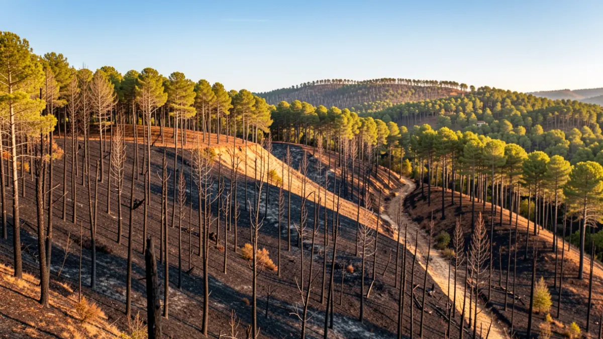 Generic image of a Mediterranean forest landscape showing signs of recovery after a wildfire.