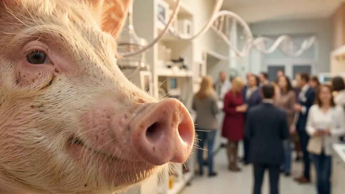 Primer pla del nas d'un porc amb un fons difuminat d'equipament de laboratori i cadenes d'ADN, simbolitzant la investigació epigenètica en la resiliència animal.