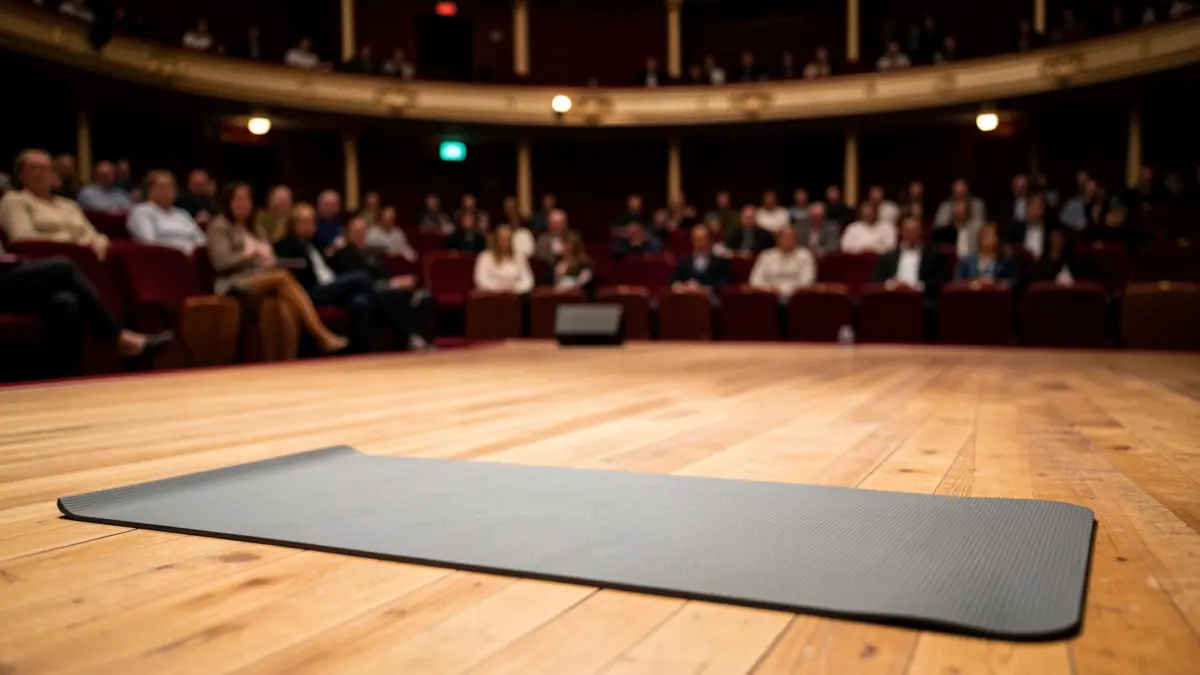 Yoga mat set up on a theatre stage.