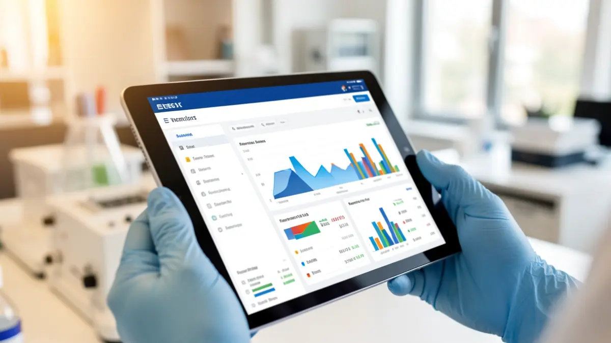 Imagen genérica de una tableta digital con datos y gráficos, sujeta por manos con guantes médicos.
