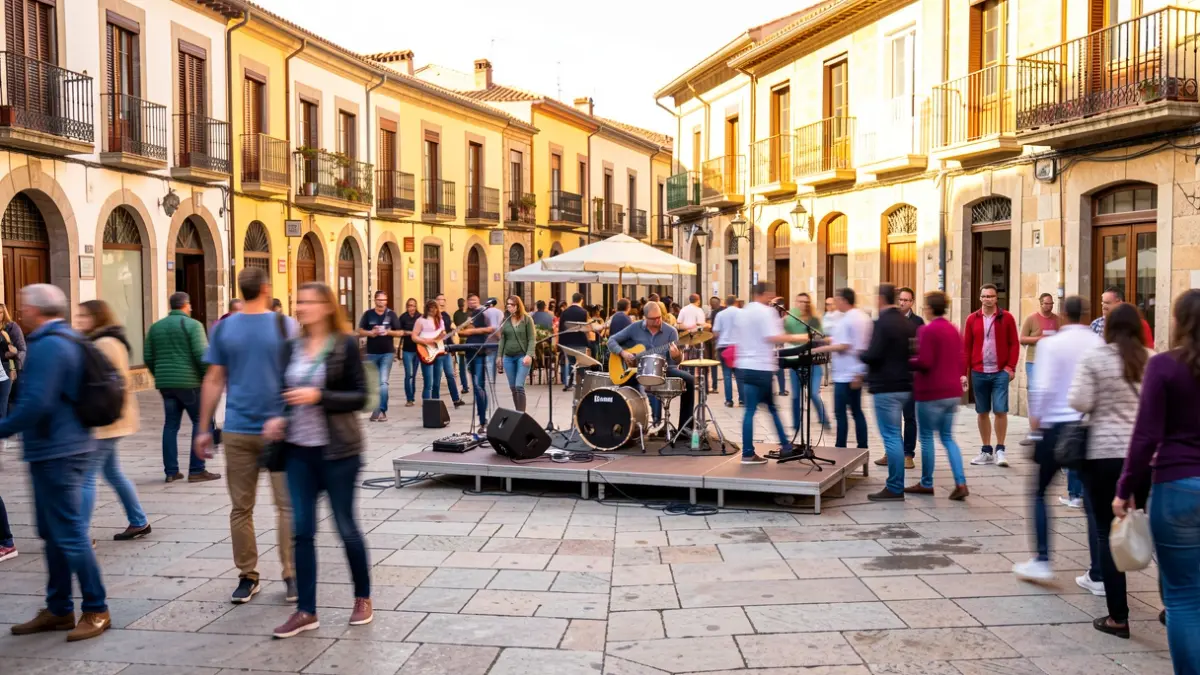 Imatge genèrica d'una plaça de poble català amb un escenari i gent al fons.