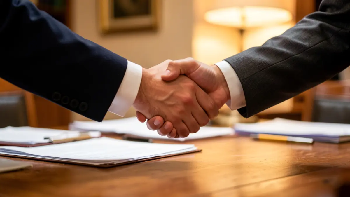 Generic image of two hands shaking over a wooden desk with blurred paperwork.
