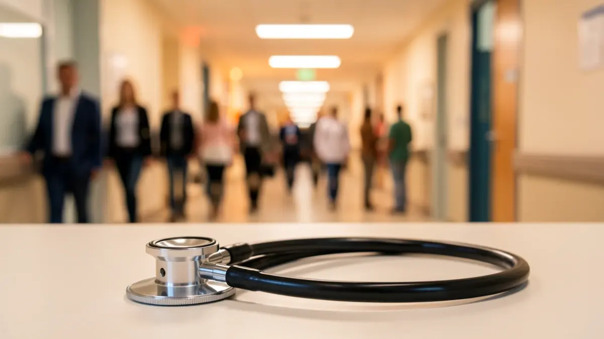 Estetoscopi sobre fons difuminat d'un hospital.