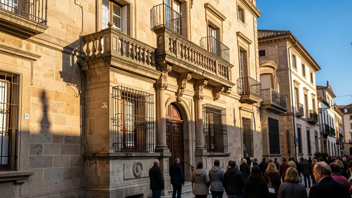 Fachada de un ayuntamiento de Catalunya con balcón y cielo azul.
