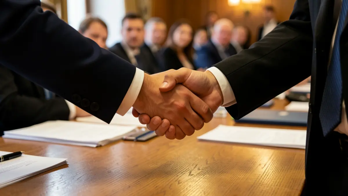 Generic image of two hands shaking over a wooden desk with blurred paperwork.