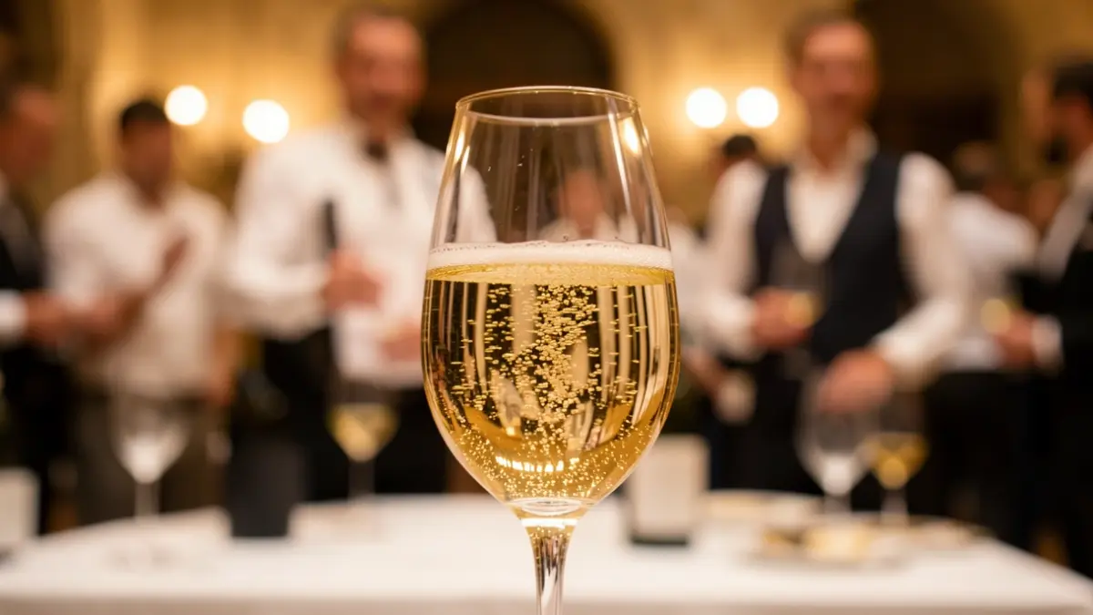 Generic image of a sparkling wine glass with bubbles, with a professional sommelier competition setup in the background.