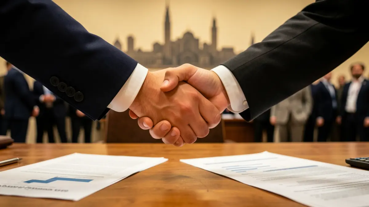 Generic image of two hands shaking over a table with financial documents.