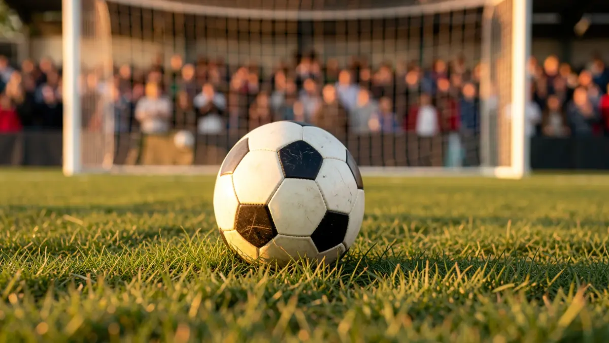 Imagen genérica de un balón de fútbol sobre el césped con la red de la portería desenfocada.