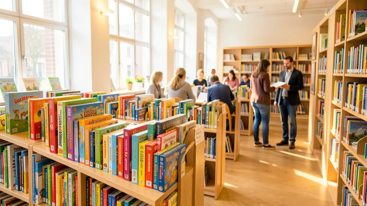 Interior of a children's library with board games and books.