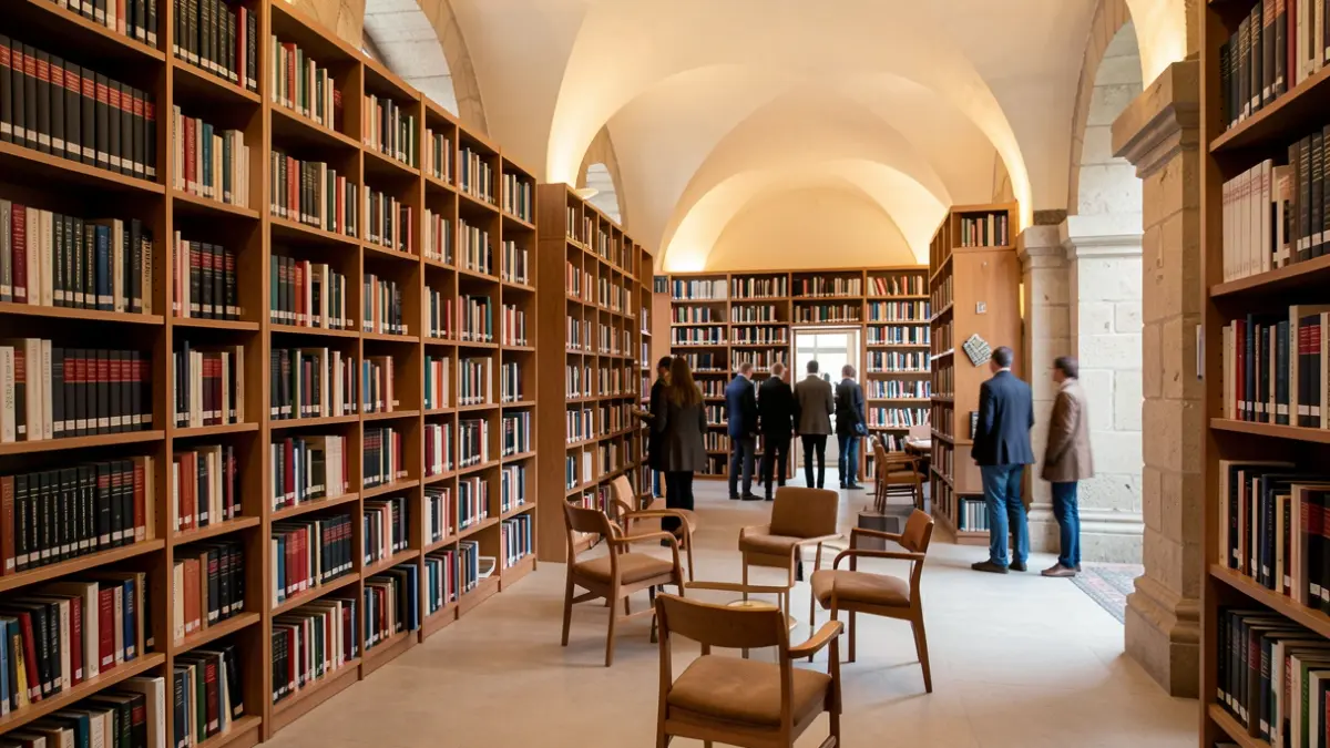 Generic image of a specialized library with bookshelves full of books and a study atmosphere.