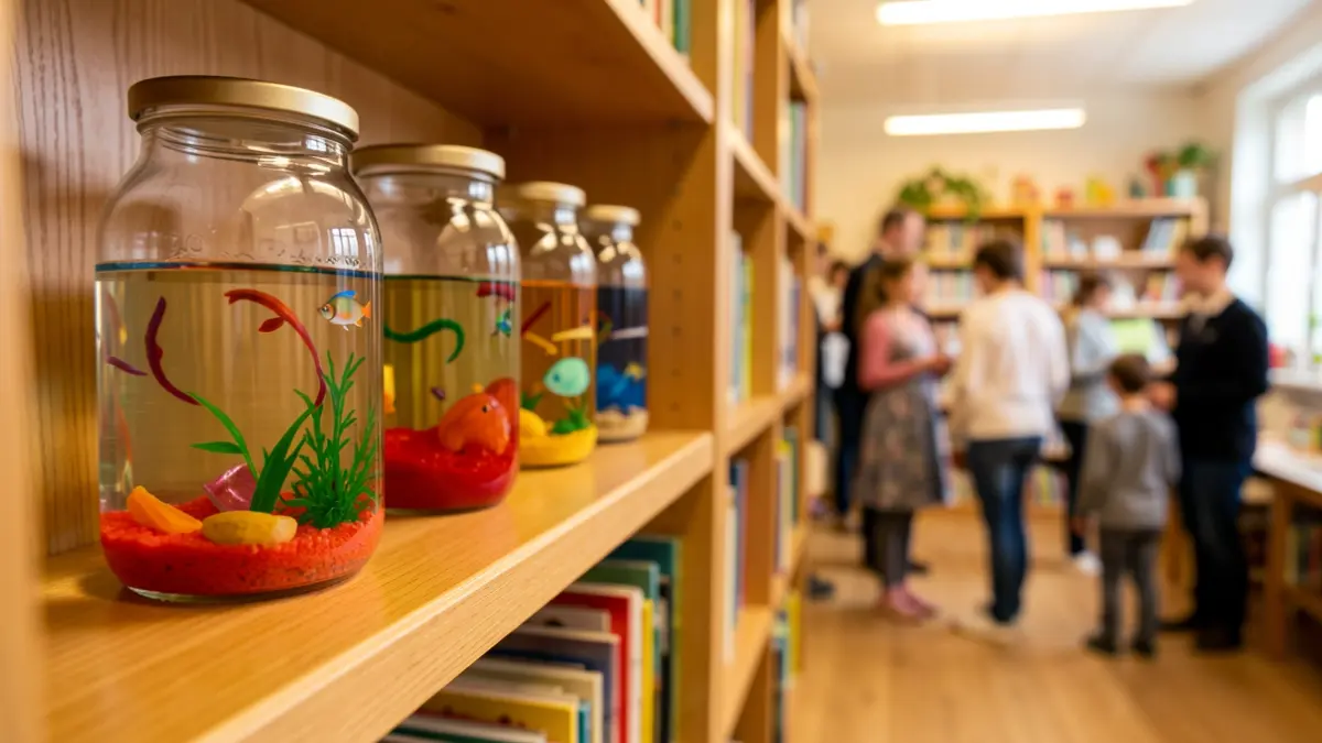 Imatge genèrica de diverses ampolles sensorials de colors sobre un prestatge en una sala infantil.
